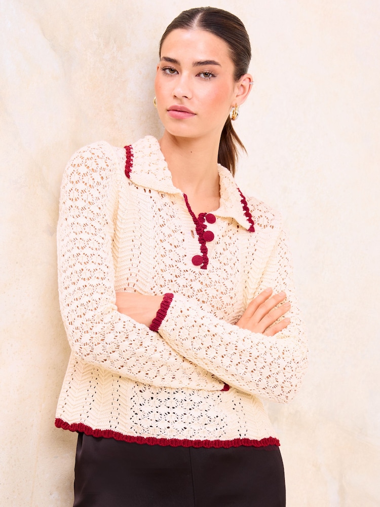 Lipsy Geknöpfter Strickpullover mit Pointelle-Muster und Kragen - Bild 1 von 4