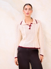 Lipsy Geknöpfter Strickpullover mit Pointelle-Muster und Kragen - Bild 2 von 4