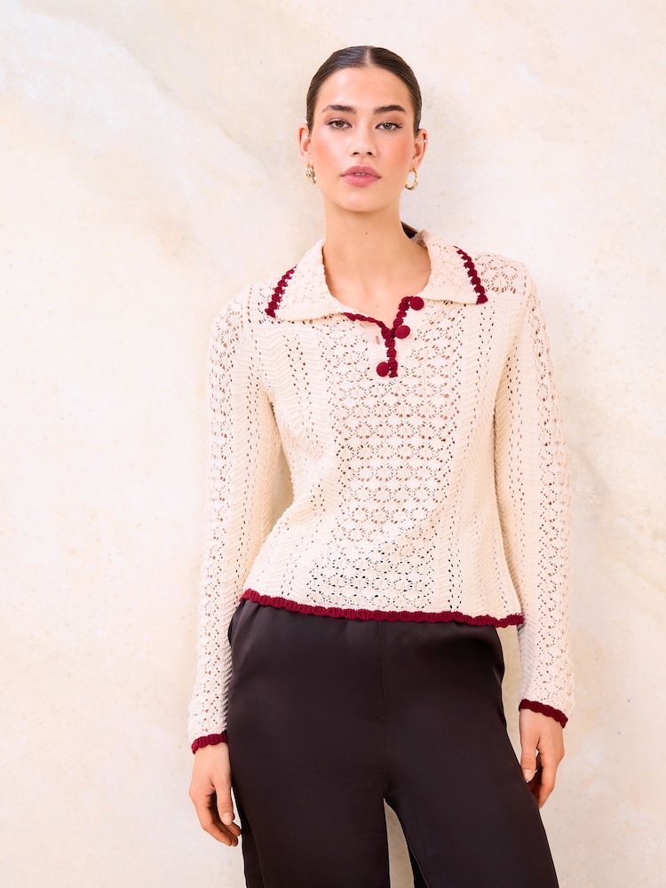 Lipsy Geknöpfter Strickpullover mit Pointelle-Muster und Kragen - Bild 2 von 4