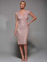 Jolie Moi Pink Wrap Bodice Sequin Midi Dress - Image 1 of 6