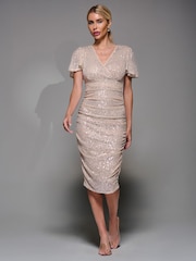 Jolie Moi Nude Flare Sleeve Ruched Sequin Dress - Image 4 of 6