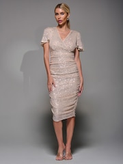 Jolie Moi Nude Flare Sleeve Ruched Sequin Dress - Image 6 of 6