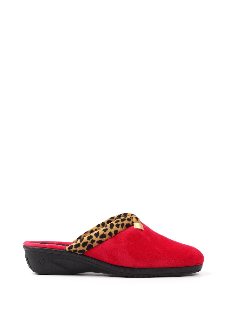 Lunar Red Michelle Animal Print Trim Wedged Mule Slippers - Image 2 of 9