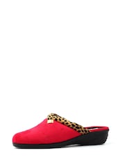 Lunar Red Michelle Animal Print Trim Wedged Mule Slippers - Image 3 of 9