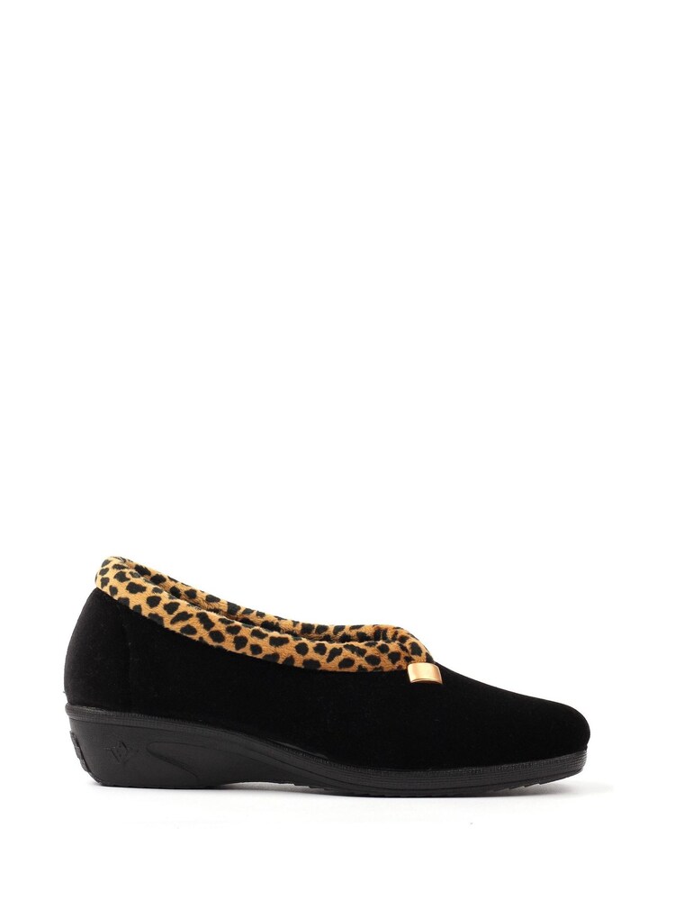 Lunar Black Paloma Animal Print Trim Wedged Slippers - Image 2 of 8 Lunar Black Paloma Animal Print Trim Wedged Slippers - Image 2 of 8
