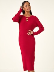 Roman Red Petite Faux Pearl Knitted Midi Dress - Image 4 of 5