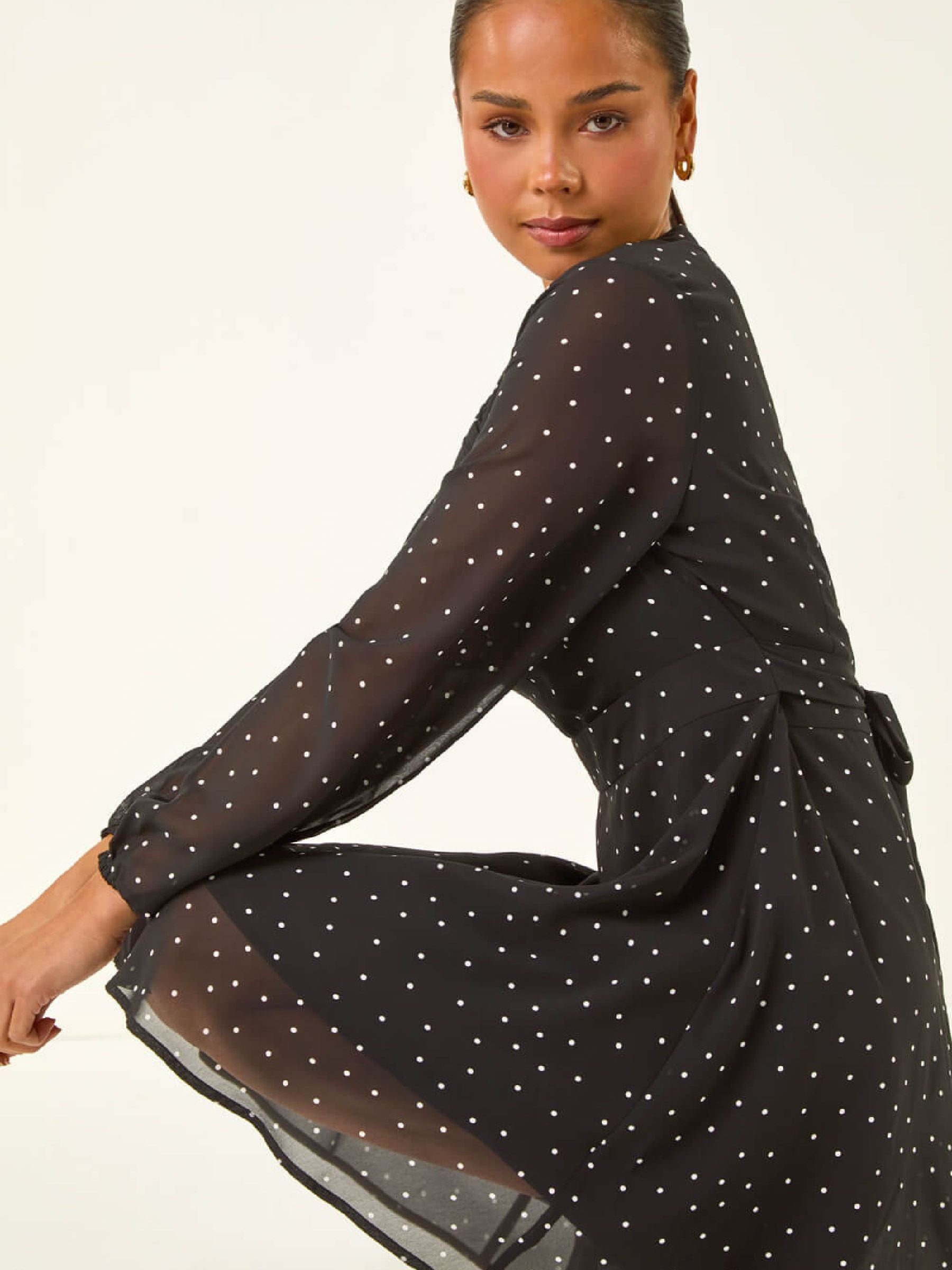 Roman Women's Petite Spot Print Dress in Black | Size: 18 - Image 6