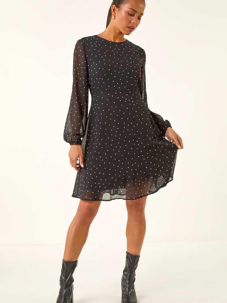 Roman Black Petite Spot Print Dress - Image 2 of 5 Roman Black Petite Spot Print Dress - Image 2 of 5