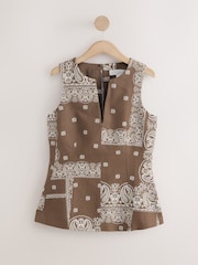 Chocolate Brown Scarf Print Linen Rich Tailored Peplum Top - Image 1 of 3