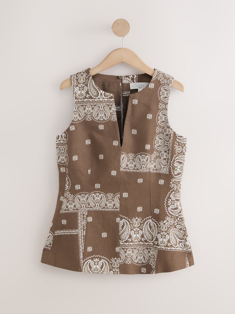 Chocolate Brown Scarf Print Linen Rich Tailored Peplum Top - Image 1 of 3