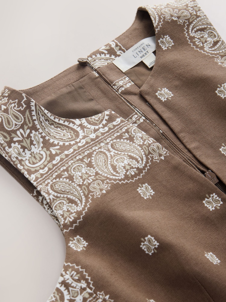 Chocolate Brown Scarf Print Linen Rich Tailored Peplum Top - Image 2 of 3