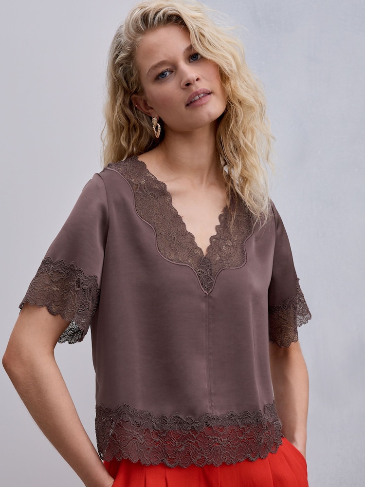 Chocolate Brown Satin V-Neck Lace Trim Top - Image 1 of 8 Chocolate Brown Satin V-Neck Lace Trim Top - Image 1 of 8
