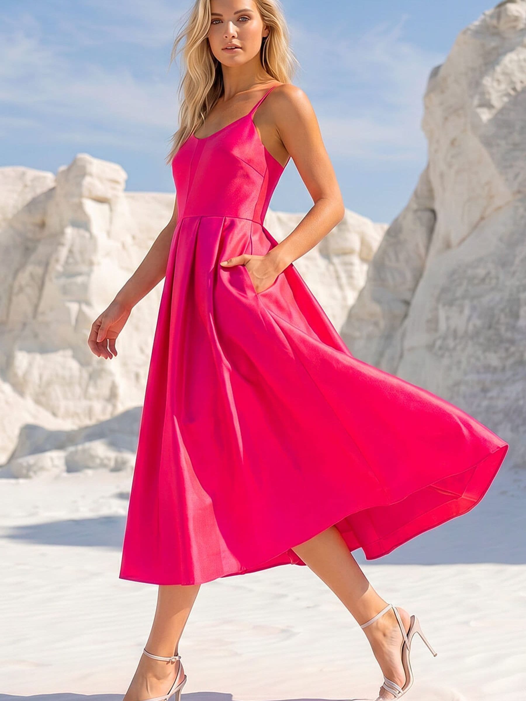 Roman Women's Pink Twill Cami Pleated Midi Dress