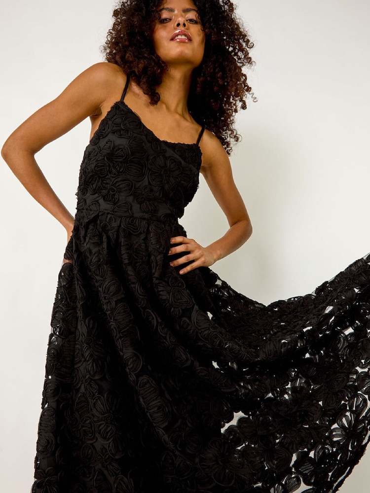 Roman Black Floral V-Neck Strap Midi Dress - Image 1 of 5 Roman Black Floral V-Neck Strap Midi Dress - Image 1 of 5