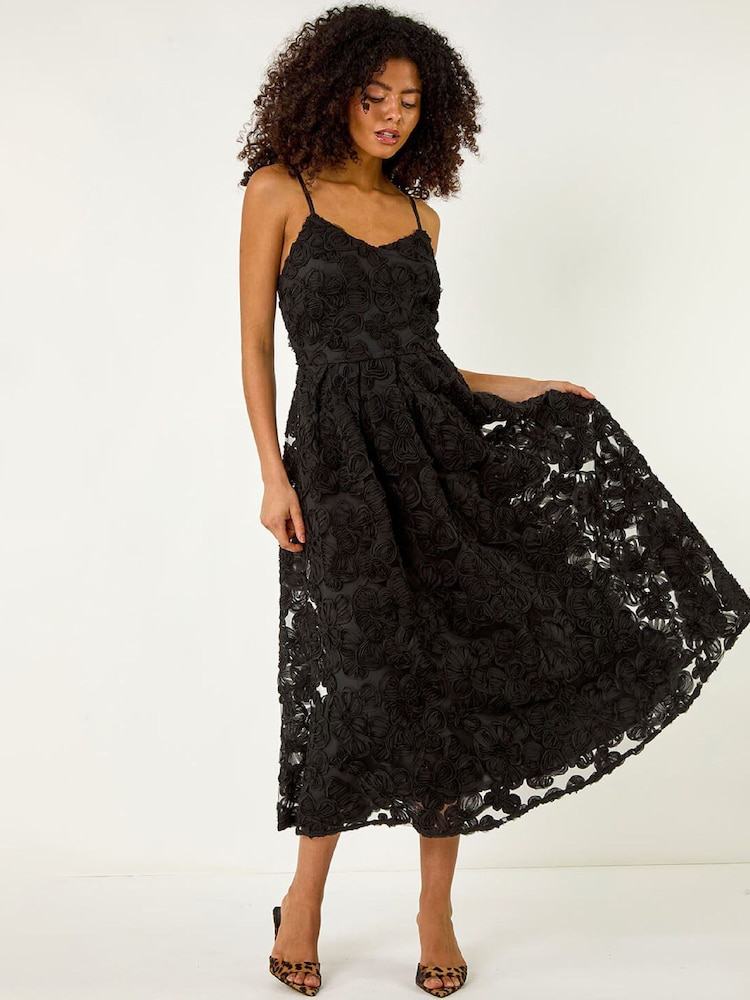 Roman Black Floral V-Neck Strap Midi Dress - Image 2 of 5 Roman Black Floral V-Neck Strap Midi Dress - Image 2 of 5
