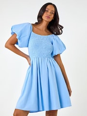 Roman Blue Puffed Sleeve Shirred Dress - Image 1 of 5