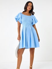 Roman Blue Puffed Sleeve Shirred Dress - Image 2 of 5