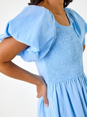 Roman Blue Puffed Sleeve Shirred Dress - Image 5 of 5