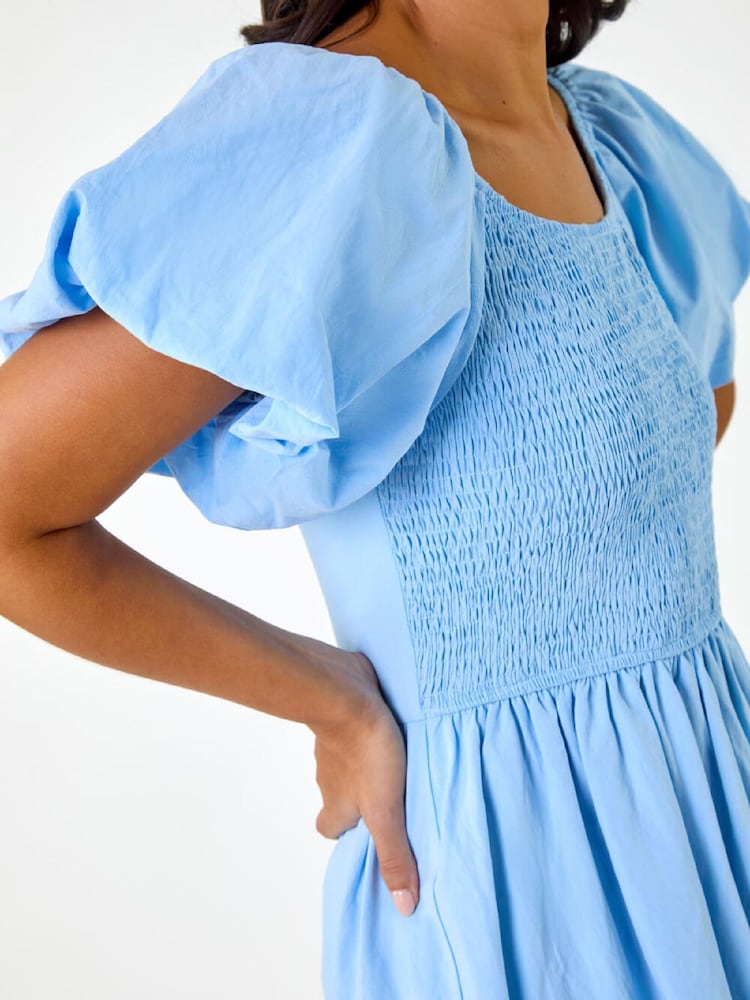 Roman Blue Puffed Sleeve Shirred Dress - Image 5 of 5 Roman Blue Puffed Sleeve Shirred Dress - Image 5 of 5