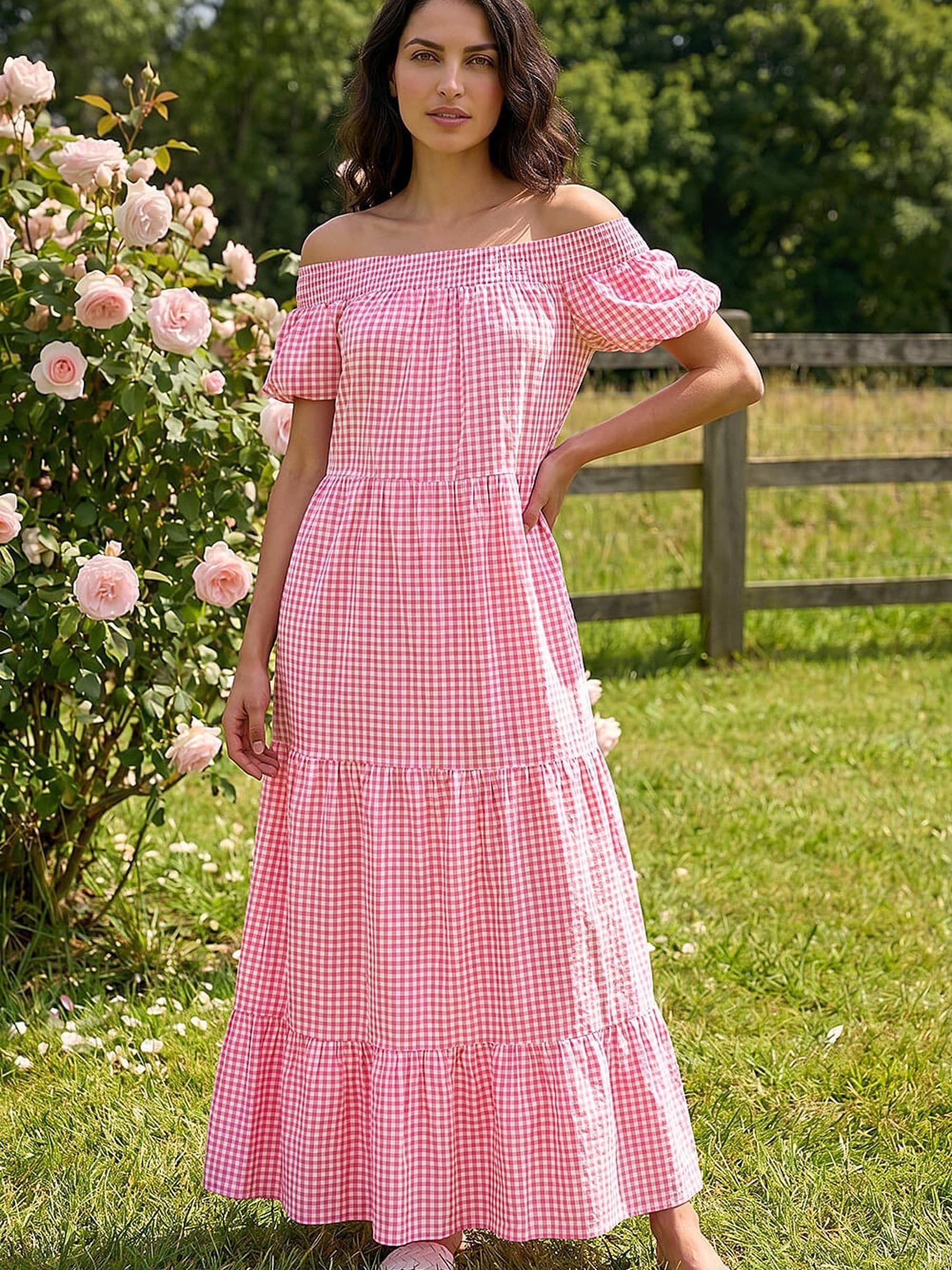 pink gingham off the shoulder dress Atlanta Rose-Appliqu Off-the-Shoulder Dress
