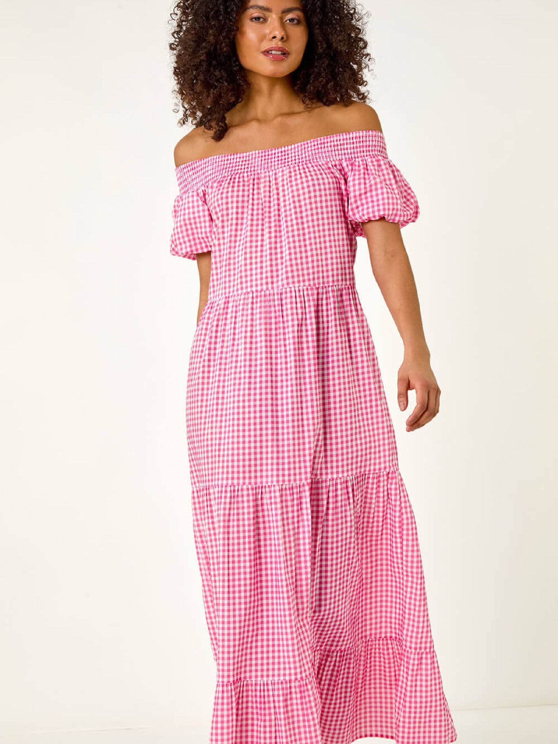 pink gingham off the shoulder dress Atlanta Rose-Appliqu Off-the-Shoulder Dress Pink Vichy / L