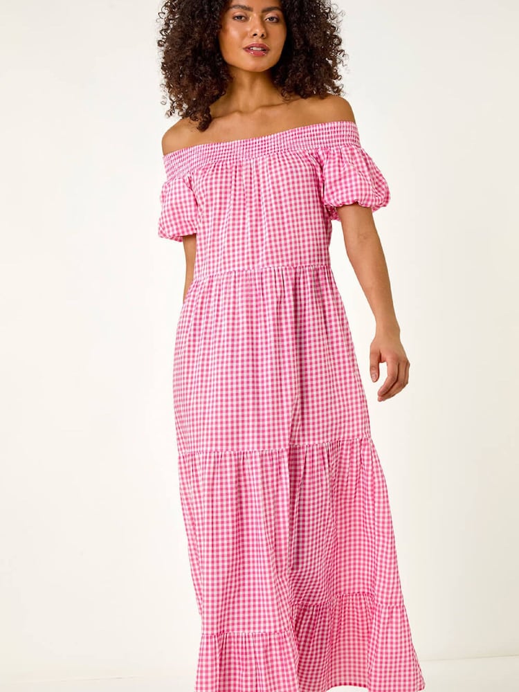 pink gingham tiered dress Brass & Roe Charity Spring Gingham Dress Blue Gingham / L