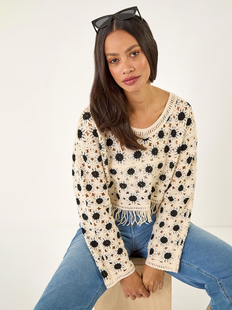 Roman Natural Crochet Tassel Hem Crop Jumper - Image 1 of 5 Roman Natural Crochet Tassel Hem Crop Jumper - Image 1 of 5