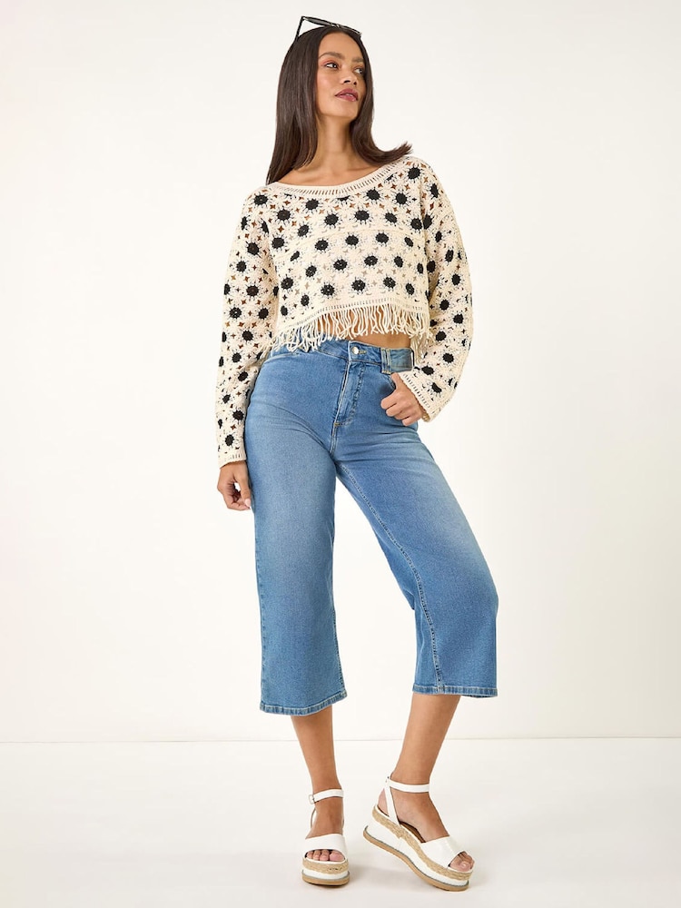 Roman Natural Crochet Tassel Hem Crop Jumper - Image 2 of 5 Roman Natural Crochet Tassel Hem Crop Jumper - Image 2 of 5
