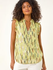 Roman Yellow Foil Print Sleeveless Blouse - Image 4 of 5