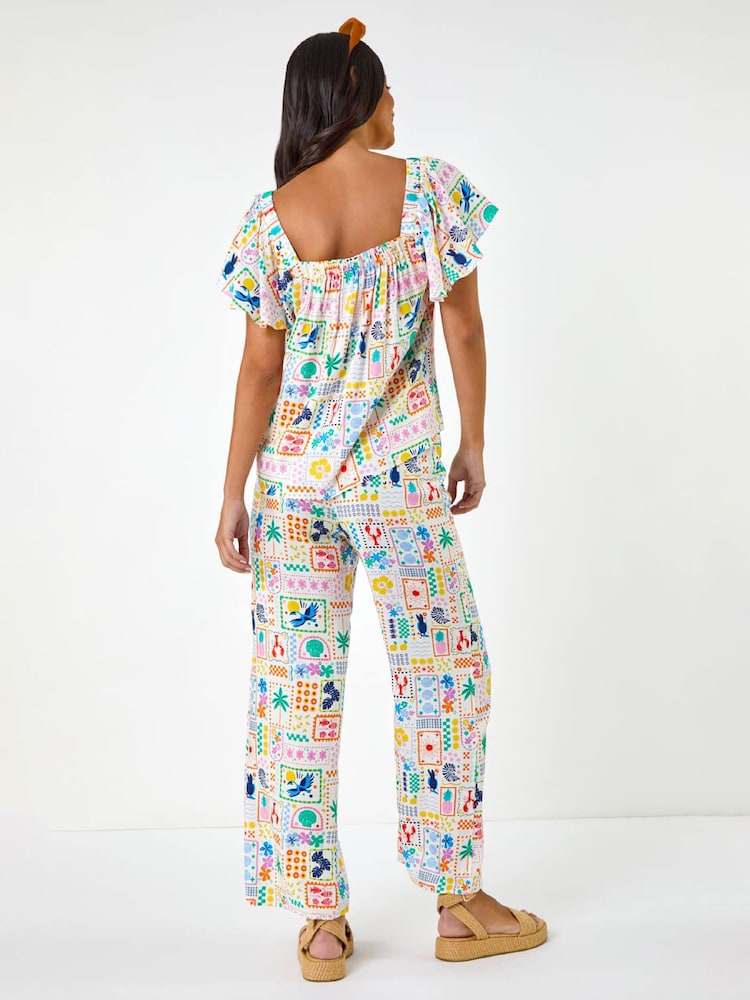 Roman White Patchwork Palm Ruffle Shirt - Image 2 of 5 Roman White Patchwork Palm Ruffle Shirt - Image 2 of 5