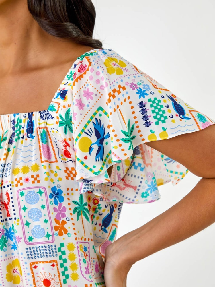 Roman White Patchwork Palm Ruffle Shirt - Image 5 of 5 Roman White Patchwork Palm Ruffle Shirt - Image 5 of 5