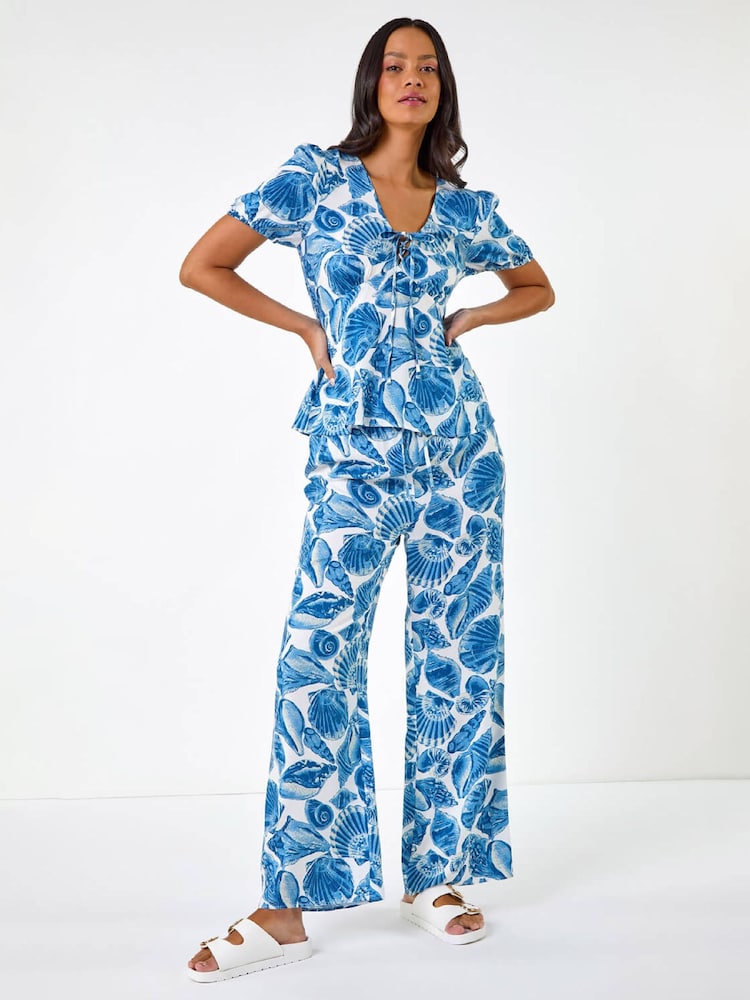 Roman Blue Shell Print V-Neck Tie Shirt - Image 2 of 5 Roman Blue Shell Print V-Neck Tie Shirt - Image 2 of 5