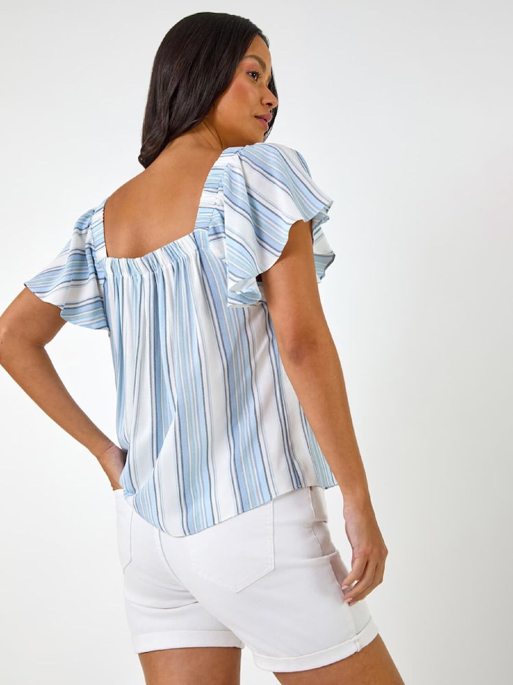 Roman Blue Stripe Ruffle Shirt - Image 2 of 5 Roman Blue Stripe Ruffle Shirt - Image 2 of 5