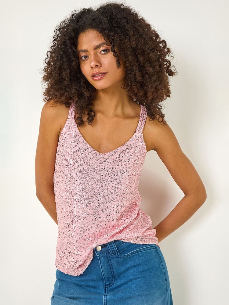 Ροζ - Μπλούζα Cami με Roman στολίδια και παγιέτες - Εικόνα 1 από 5