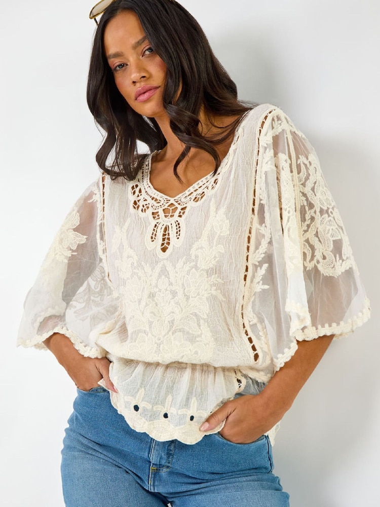 Roman White Butterfly Lace Blouse - Image 1 of 5 Roman White Butterfly Lace Blouse - Image 1 of 5