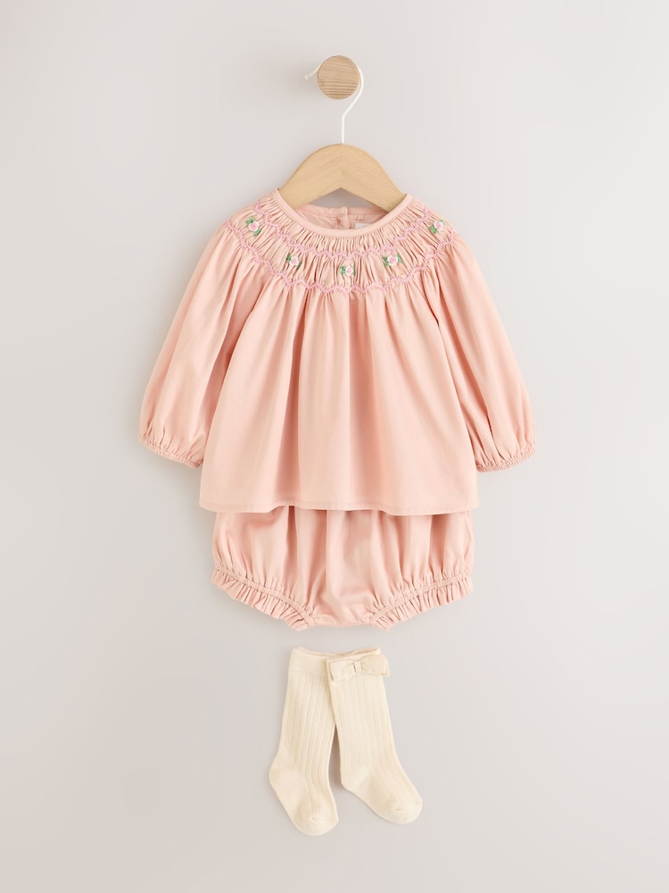 Pink Smock Woven Top, Shorts and Socks Baby Set 2 Piece (0mths-2yrs) - Image 1 of 5 Pink Smock Woven Top, Shorts and Socks Baby Set 2 Piece (0mths-2yrs) - Image 1 of 5