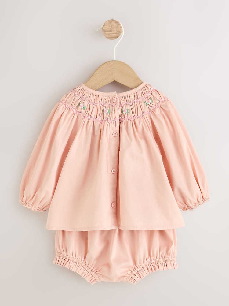 Pink Smock Woven Top, Shorts and Socks Baby Set 2 Piece (0mths-2yrs) - Image 2 of 5 Pink Smock Woven Top, Shorts and Socks Baby Set 2 Piece (0mths-2yrs) - Image 2 of 5
