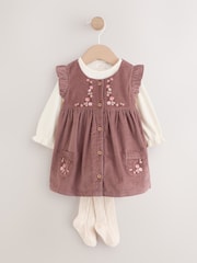 Chocolate Brown Floral Baby Pinafore Bodysuit And Tights 3 Piece Set (0mths-2yrs) - Image 1 of 12