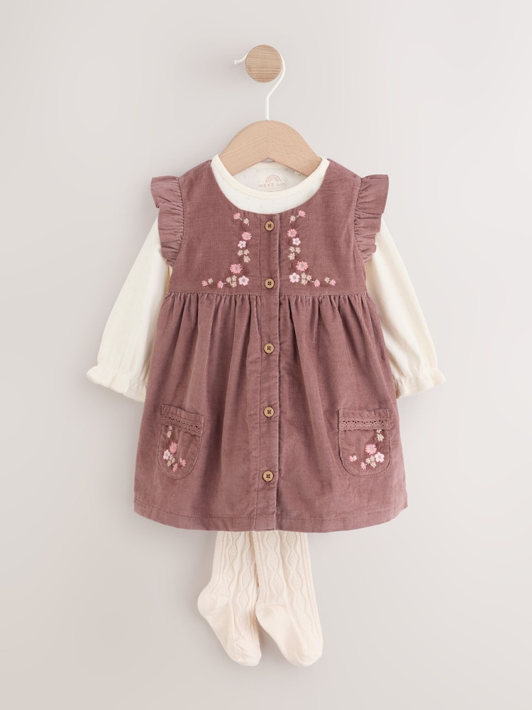 Chocolate Brown Floral Baby Pinafore Bodysuit And Tights 3 Piece Set (0mths-2yrs) - Image 1 of 12