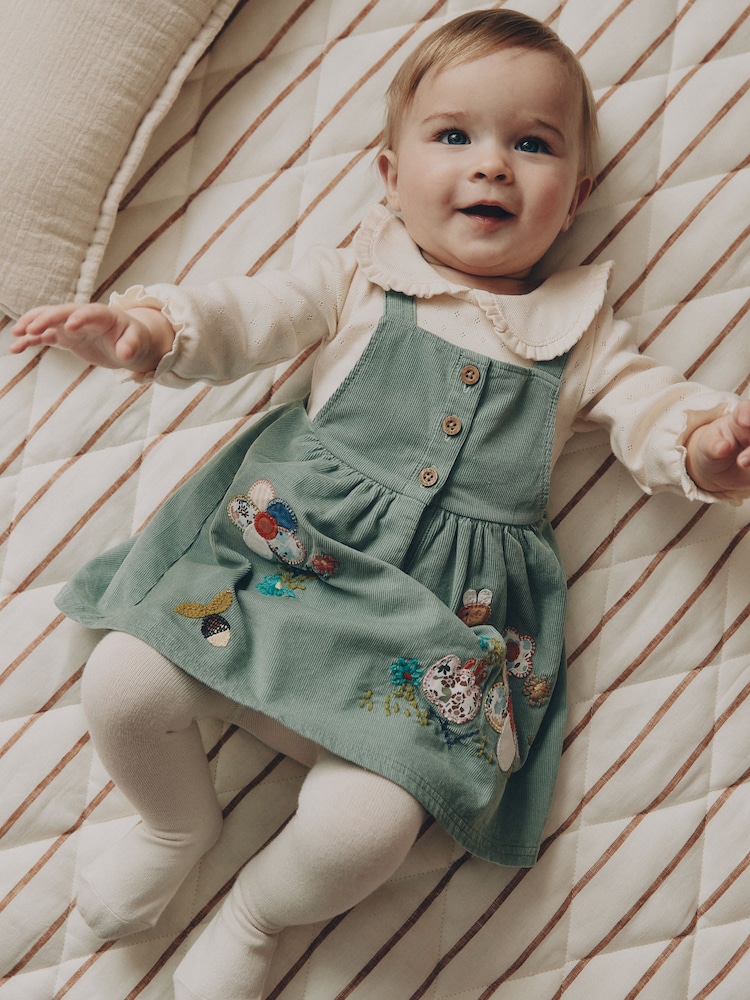 Teal Blue Baby Pinafore Bodysuit And Tights 3 Piece Set (0mths-2yrs) - Image 1 of 4 Teal Blue Baby Pinafore Bodysuit And Tights 3 Piece Set (0mths-2yrs) - Image 1 of 4
