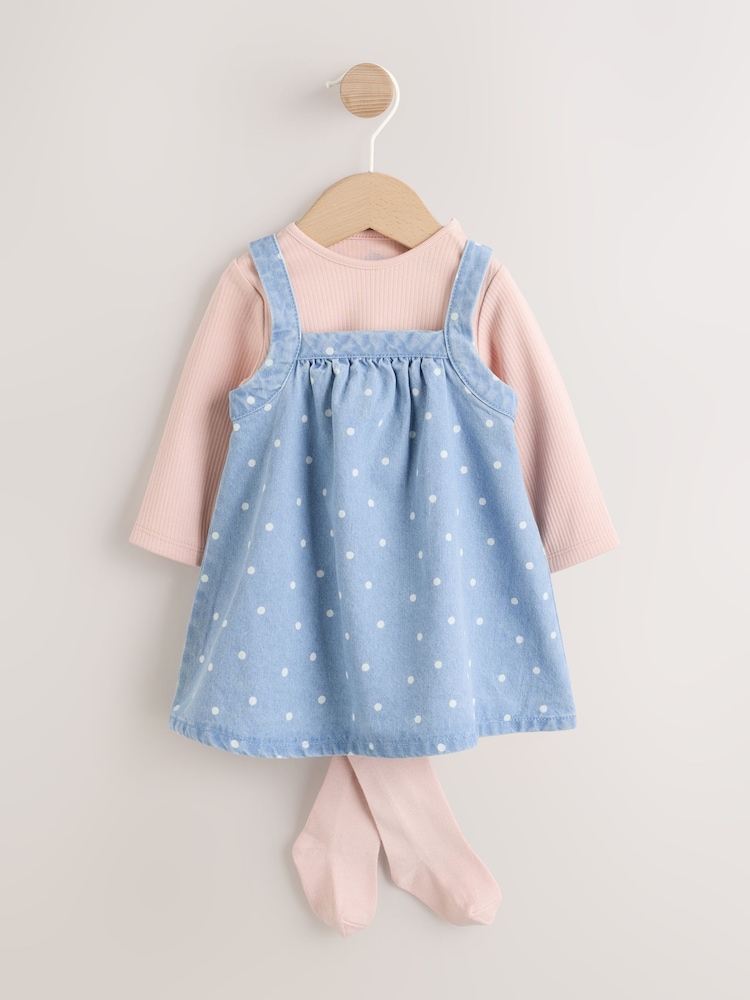 Denim Spot Baby Pinafore, Long Sleeve Bodysuit And Tights 3 Piece Set (0mths-2yrs) - Image 1 of 11 Denim Spot Baby Pinafore, Long Sleeve Bodysuit And Tights 3 Piece Set (0mths-2yrs) - Image 1 of 11