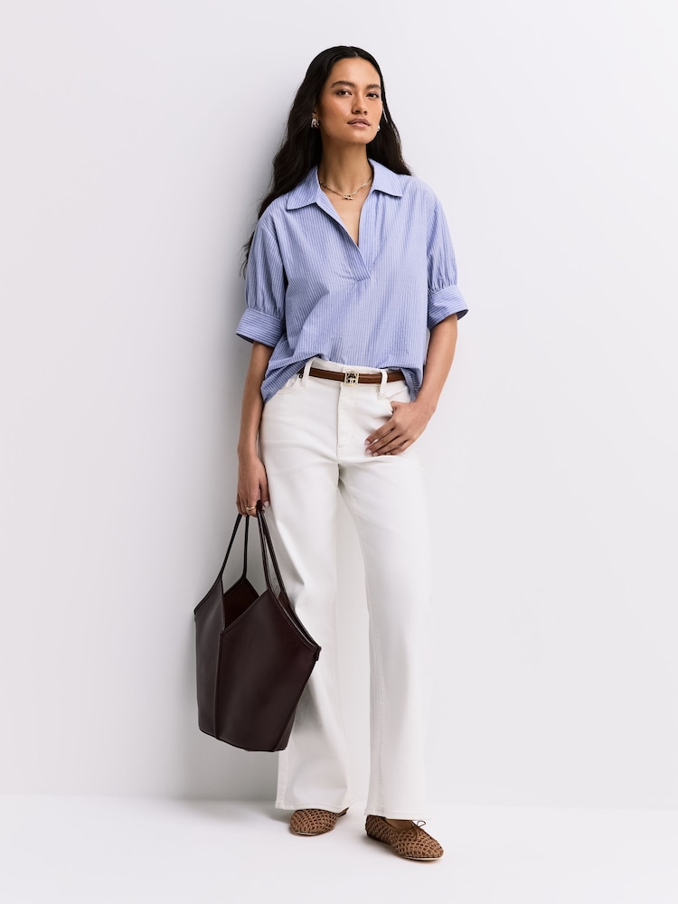 FRAME Blue Striped Cotton Popover Top - Image 2 of 6