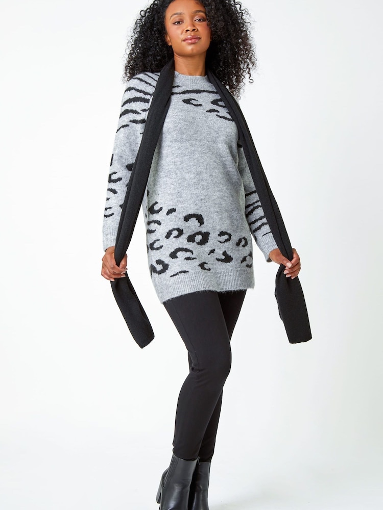 Roman Grey Petite Animal Print Longline Stretch Jumper - Image 2 of 5 Roman Grey Petite Animal Print Longline Stretch Jumper - Image 2 of 5