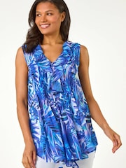 Roman Blue Leaf Print Frill Pintuck Detail Blouse - Image 1 of 5