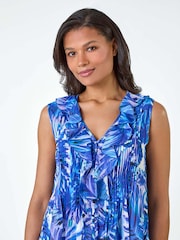 Roman Blue Leaf Print Frill Pintuck Detail Blouse - Image 3 of 5