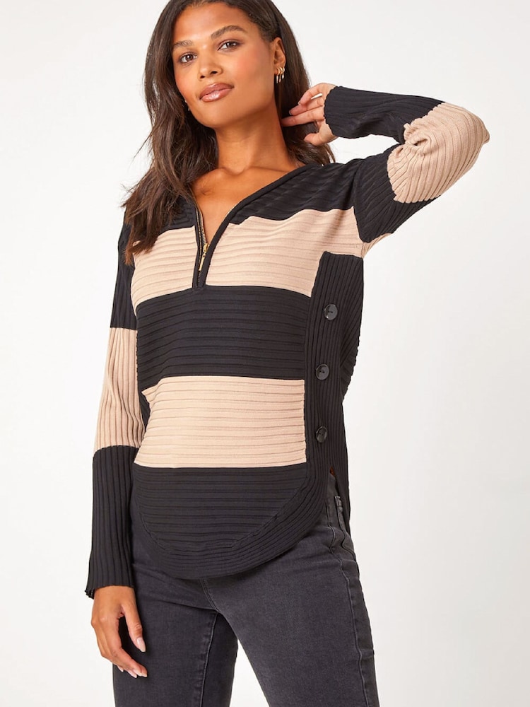 Roman Natural Cotton Blend Stripe Zip Knit Jumper - Image 1 of 5 Roman Natural Cotton Blend Stripe Zip Knit Jumper - Image 1 of 5