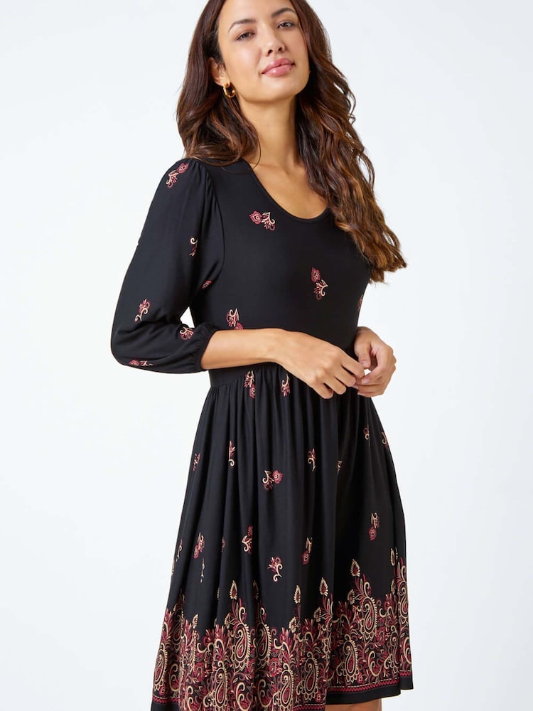 Roman Black Paisley Border Print Jersey Dress - Image 1 of 5 Roman Black Paisley Border Print Jersey Dress - Image 1 of 5