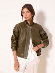 Lipsy Khaki Green Faux Leather 80s Style Biker Jacket - Image 1 of 4