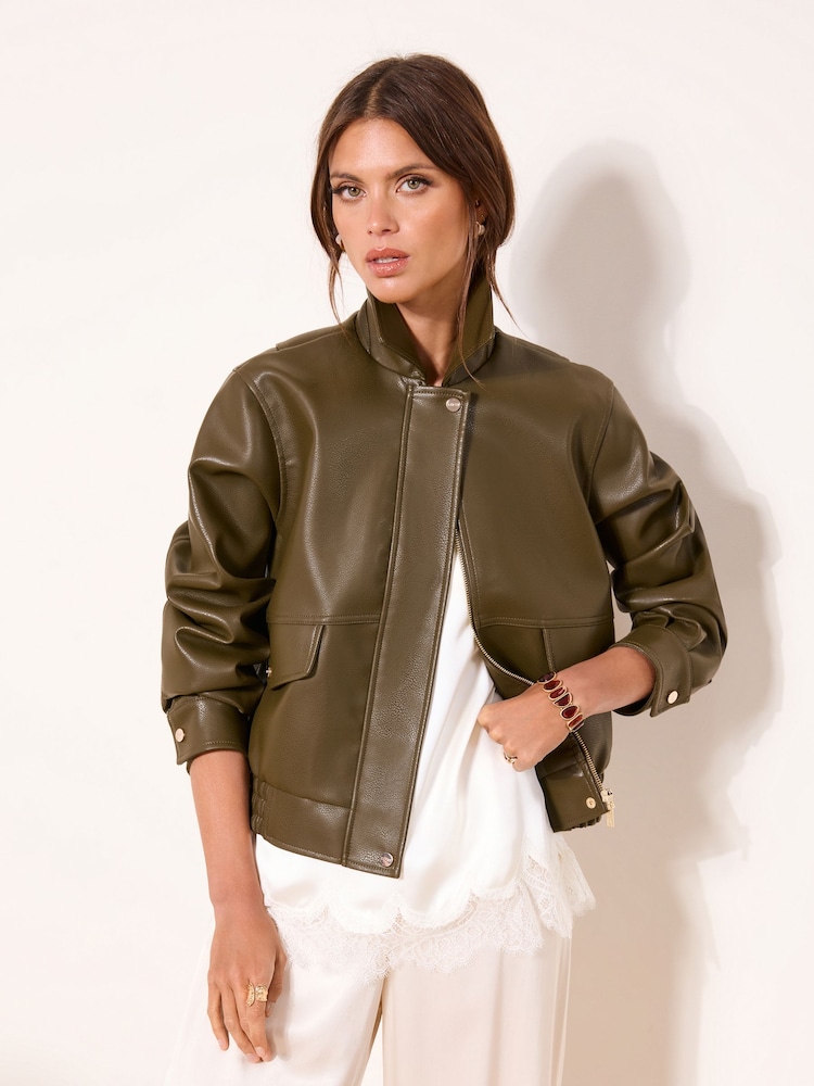 Lipsy Khaki Green Faux Leather 80s Style Biker Jacket - Image 1 of 4