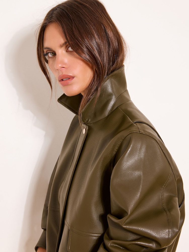 Lipsy Khaki Green Faux Leather 80s Style Biker Jacket - Image 2 of 4